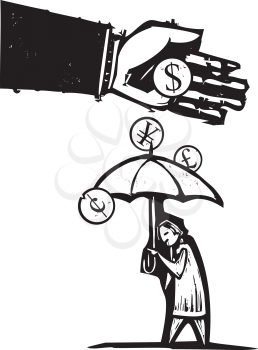 Woodcut style expressionist image of a bankers hand pouring money on a person with an umbrella.