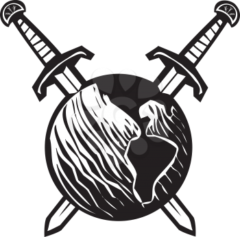 Woodcut style image of the earth impaled with two crossed swords.