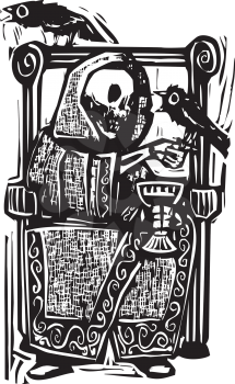 Woodcut style image of the skeleton death drinking wine in a throne with crows or ravens.