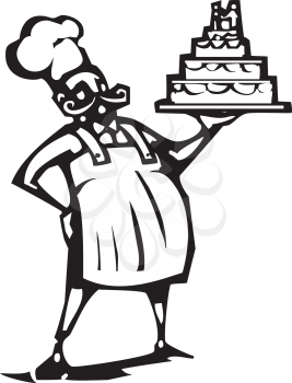 Woodcut style image of a french chef and a wedding cake