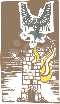 Woodcut style image of Greek mythological harpy flying over a burning tower