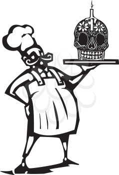 Woodcut style image of a french chef with a Mexican day of the dead candy skull and candle