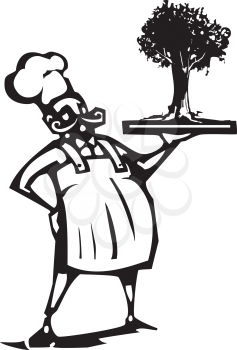 Woodcut style image of a french chef serving a tree on a tray
