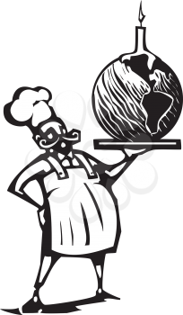 Woodcut style image of a french chef and serving tray with an earth shaped birthday cake and candle.