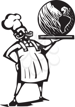 Woodcut style image of a french chef and serving tray with the earth