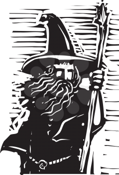 Woodcut style image of a magical wizard holding a staff