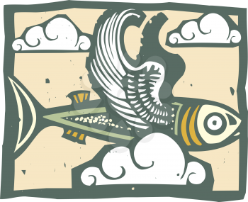 Woodcut style image of a flying fish with feathered wings.