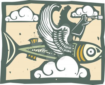 woodcut style image of a man with a telescope riding a winged fish.