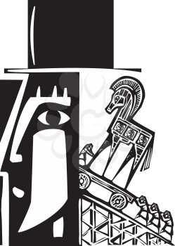 Woodcut style image of a Trojan Horse being loaded into a man's head