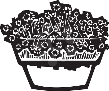 Woodcut style image a flower pot with daisies