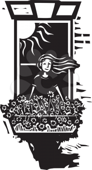 Woodcut style image of a girl in a window growing flowers