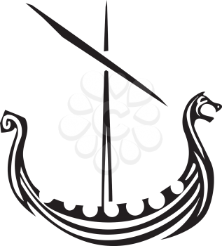 Woodcut style image of a Nordic viking sailing ship.