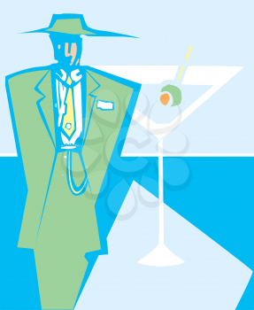 Woodcut style image of a man in zoot suit next to a martini