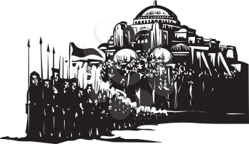 Woodcut style expressionist image of a crusader army in front of Byzantium