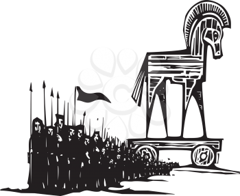 Woodcut style expressionist image of the Greek Trojan Horse with an army walking from it.