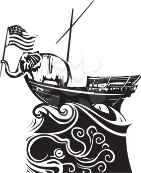 Woodcut Style image of an Elephant waving an American flag on a boat lost in a stormy sea.