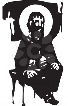 Woodcut style expressionistic image of a bearded hipster with halo sitting