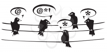 Woodcut style image of birds chatting on a telephone wire with symbols.