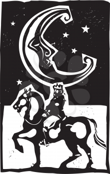 Woodcut style moon and mounted king on a horse