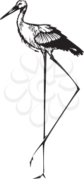 Woodcut style expressionist image of a very tall stork