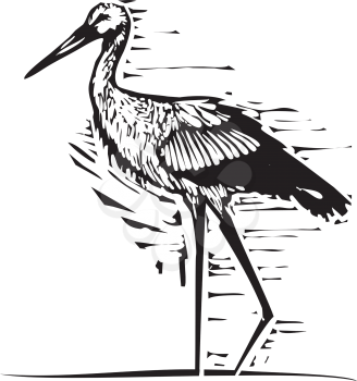 Woodcut style expressionist image of a wading stork