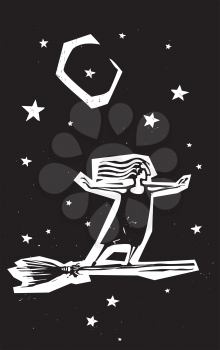 Woodcut style expressionistic witch on a broom in the night sky