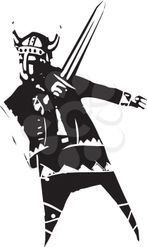 Woodcut style expressionist image of a Viking with a sword