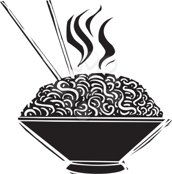 Woodcut image of a bowl of noodle and chopsticks
