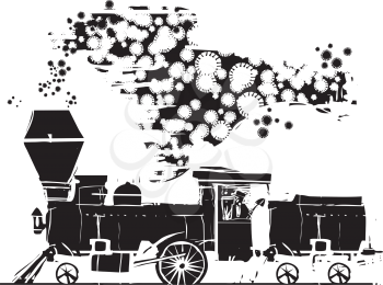 Woodcut expressionist style Steam Locomotive with covid virus coming from its stack