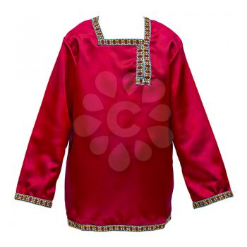 Red Russian national shirt with patterned embroidery isolated on white background