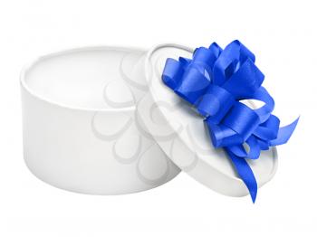 white round empty gift box with blue bow isolated on white background