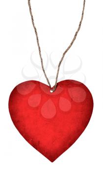 red paper heart hanging on a rope isolated on white background
