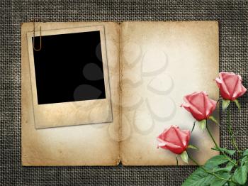 Card for invitation or congratulation with pink rose and old photo