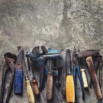set of old dirty tools in vintage style