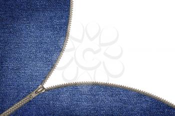 open gray zipper on denim fabric isolated on white background