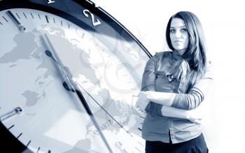 Clock, map and business woman