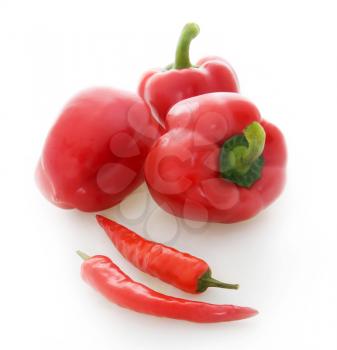 Red chili and red peppers isolated on a white background