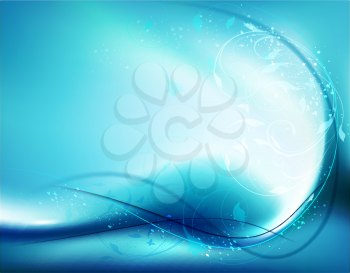 Abstract Background With Blue Waved Lines And Floral Ornate