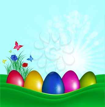 Easter Background With Color Eggs, Fields And Butterflies