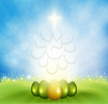 Easter Background With Eggs, Sun And Cross