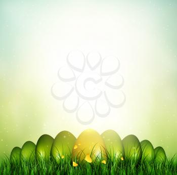 Easter Background With Eggs, Grass And Butterflies