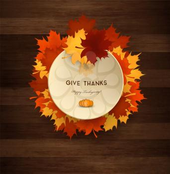 Thanksgiving Day Wooden Background With Maple Leafs, Plate And Title Inscription