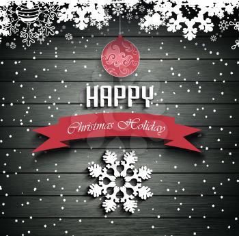 Wooden Christmas Holiday Winter Background With Shadows, Balls, Snowflakes And Text 