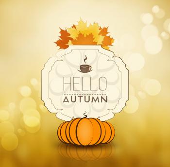 Autumn Fall Orange Background With Maple Leafs, Ripe Pumpkins And Text