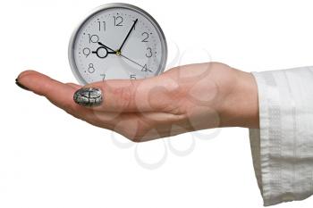 Royalty Free Photo of a Woman Holding a Silver Clock