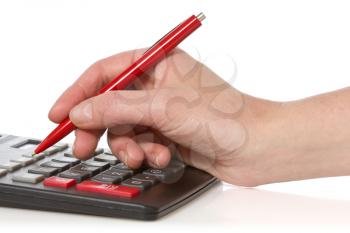 calculator and hand with pen on white background 