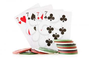 Cards and chips for poker on white background
