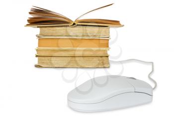 E-learning concept. Computer mouse and books on a white background.