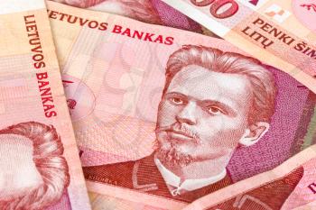 	Lithuanian currency background. Close-up image of five hundred litas banknotes