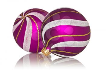 purple christmas baubles with reflection on white background